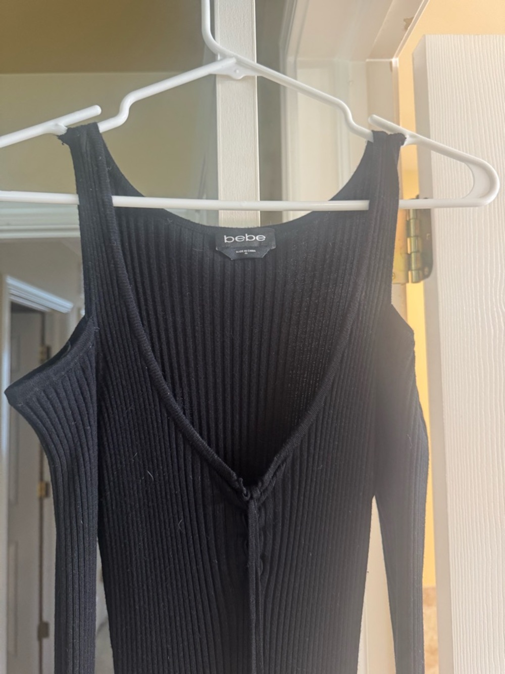 bebe Black Ribbed V-Neck Cold-Shoulder Top